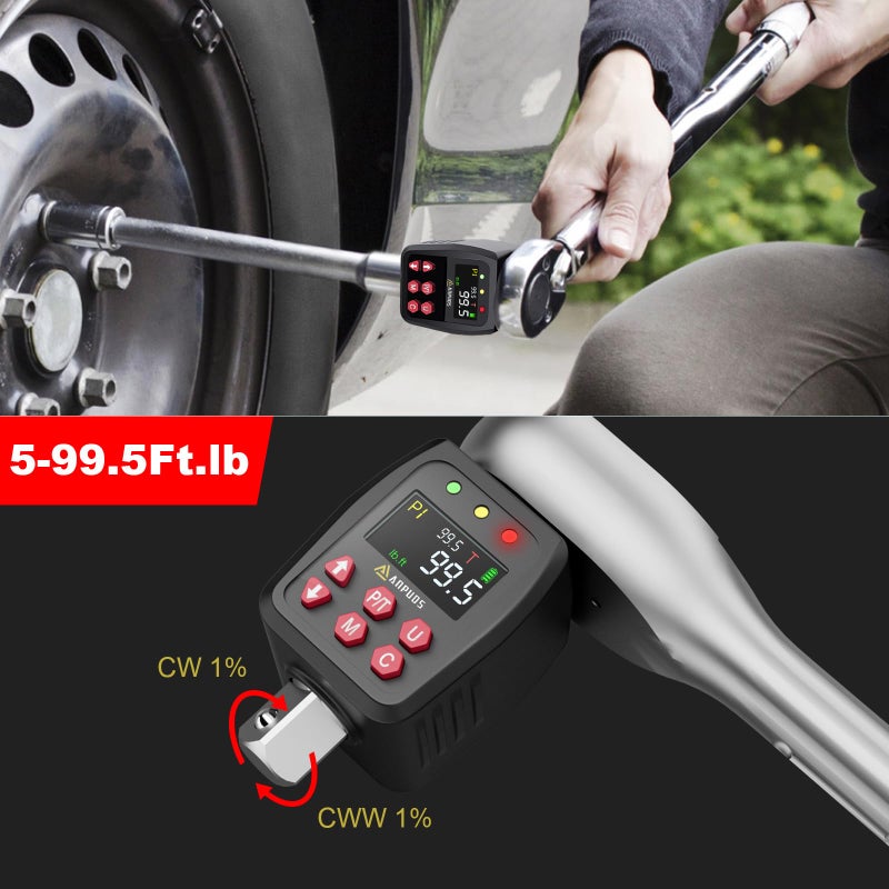 ANPUDS 1/2"" Digital Torque Adapter  5-99.5Ft-lb/6.75-135Nm  Digital Torque Wrench Converter with 1% Accuracy  Preset Value  Data Storage  Buzzer & LED Indicator  3/8'' & 1/4'' Adapters for Motorcycle - Image 3